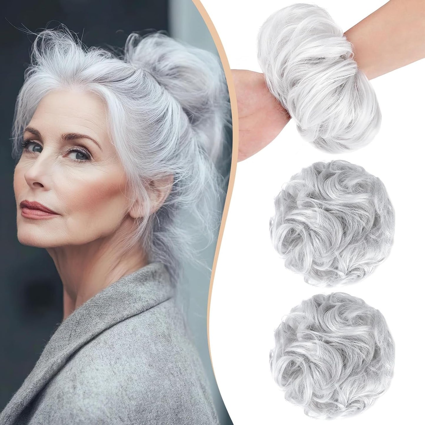 Qunlinta 2 PCS Large Messy Bun Hair Piece, Thick Wavy Curly Hair Bun Scrunchies Extensions Synthetic Chignon Updo Hairpieces for Women Girls Silver Grey