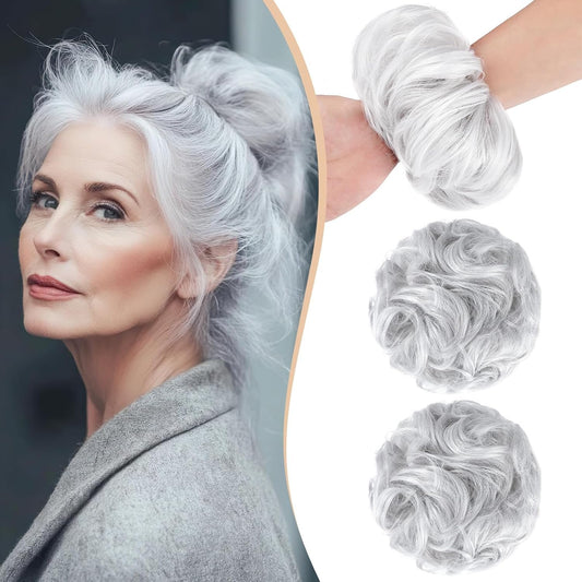 Qunlinta 2 PCS Large Messy Bun Hair Piece, Thick Wavy Curly Hair Bun Scrunchies Extensions Synthetic Chignon Updo Hairpieces for Women Girls Silver Grey