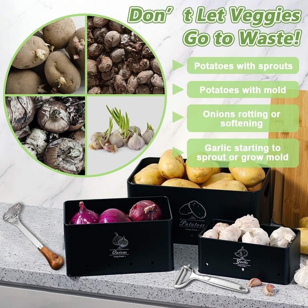 8PCS Kitchen Vegetable Storage Containers,Potato and Onion Garlic Storage Bin with Peeler,Slicer,Masher,Garlic Press & Cloth, Carbon Steel Potato Storage Box with Airflow & Wooden Lid (Black)
