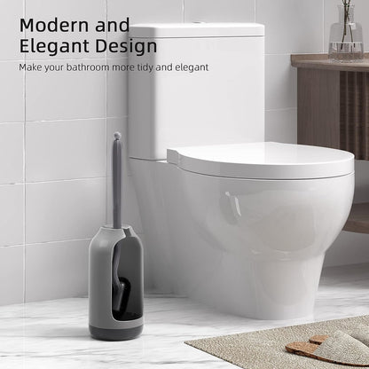 HAMITOR Toilet Brush and Holder Set: Curved Design Bathroom Toilet Bowl Cleaner Brush for Deep Cleaning Under Rim- Flexible Bristles Toilet Scrubber with Long Handle- Modern Travel RV Tools- Gray