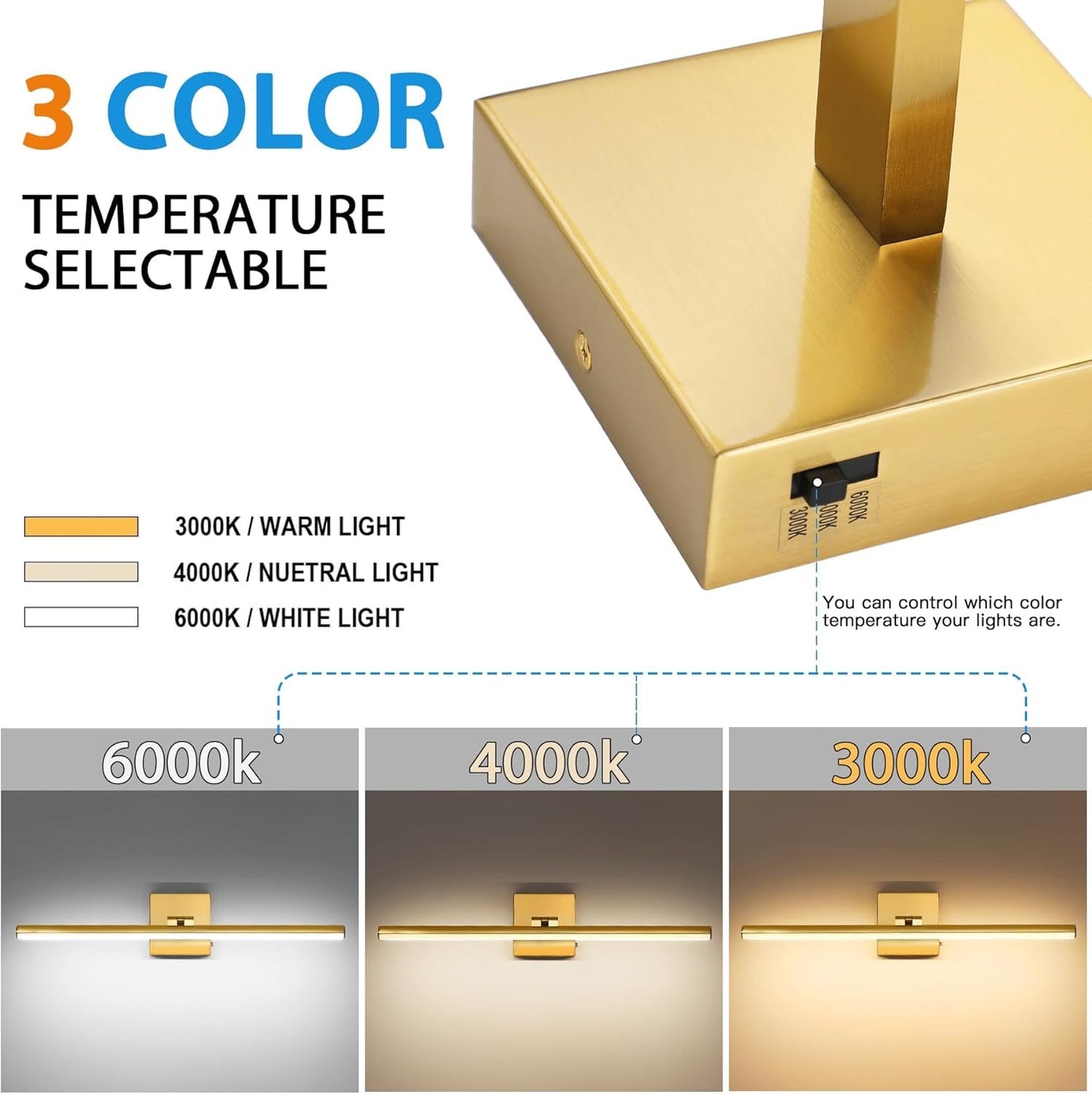 BrkNit 24 Inch LED Bathroom Vanity Light (3000K/4000K/6000K, Dimmable), Brass Modern Bathroom Light Fixture Over Mirror, Vanity Light Bar for Bathroom with Angle Adjustable