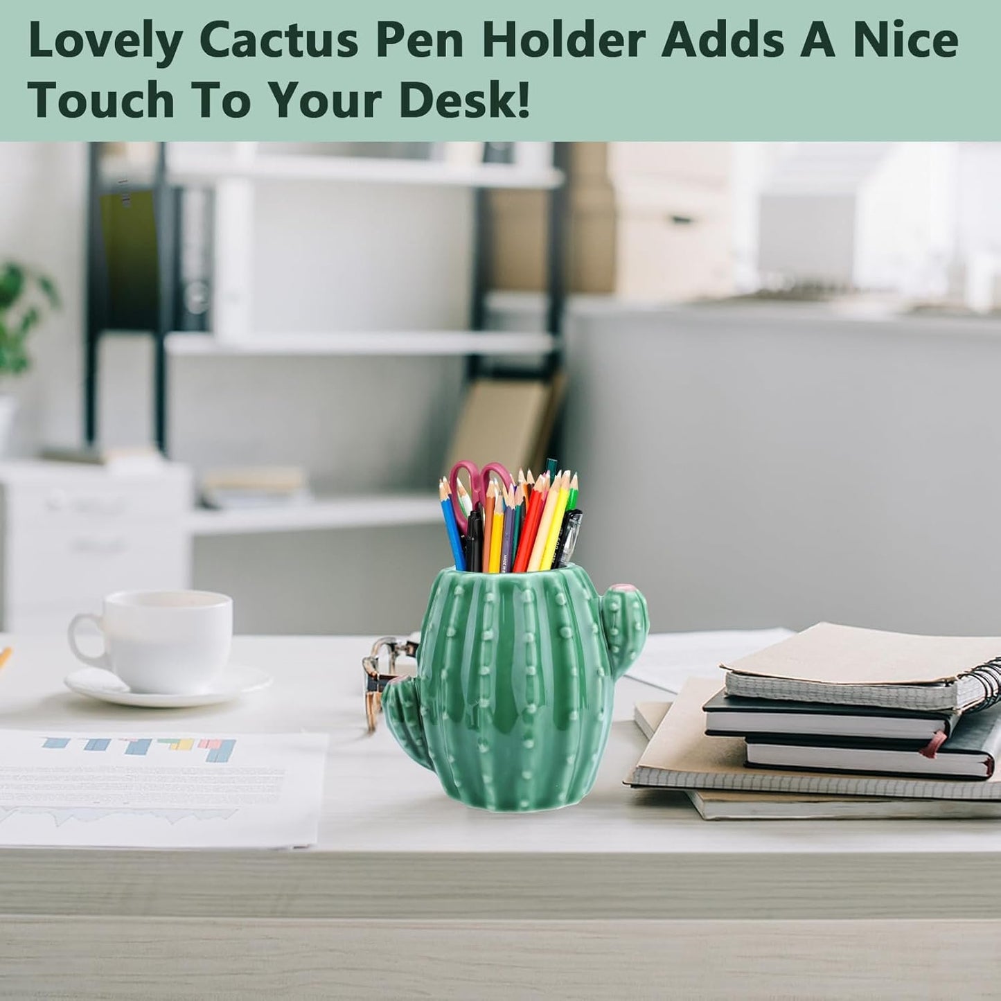 Cactus Ceramic Pen Holder Cute Pen Cup, Pencil Cups for Desk Pencil Holder, Pencil Caddy for Desk Accessories Office Decor, Cactus Makeup Brush Organizer (Green)