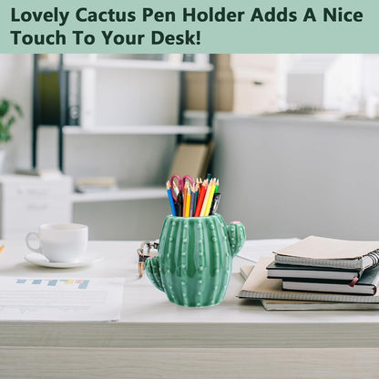 Cactus Ceramic Pen Holder Cute Pen Cup, Pencil Cups for Desk Pencil Holder, Pencil Caddy for Desk Accessories Office Decor, Cactus Makeup Brush Organizer (Green)