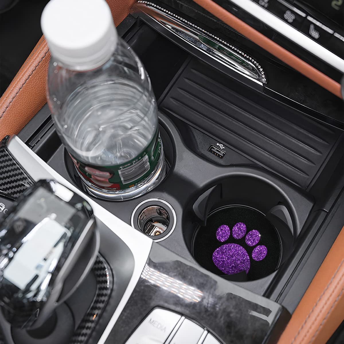 AUCELI 2 Pack Car Cup Holder Coasters, 2.75In Bling Glitter Rhinestone Paw Print Cup Coaster, Rubber Non-Slip Insert Auto Drink Mat, Universal Car Interior Accessories for SUV, Truck, RV (Purple)