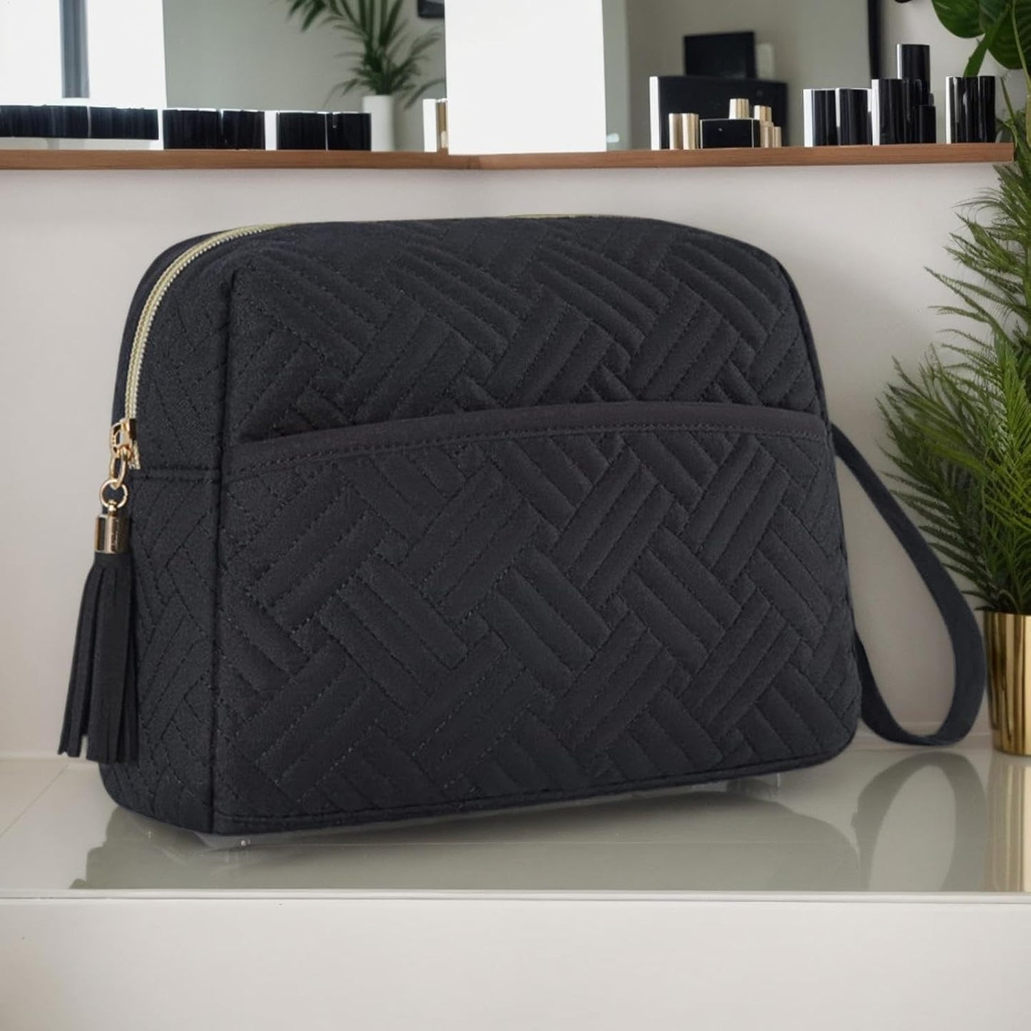 Large Capacity Makeup Bag, Waterproof Cosmetic Organizer with Strap, Travel Toiletries Pouch for Beauty Necessities, Brushes, Accessories, and Daily Use, Black, Please refer to description