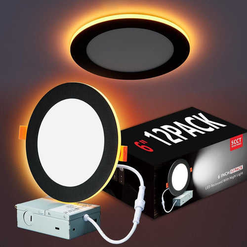 Togalonn 12 Pack Black Pot Lights 6 inch with Night Light - 5CCT Color Changing & Dimmable LED Recessed Lighting, Canless Wafer Soffit Downlight with Juction Box, 12W Eqv 100W