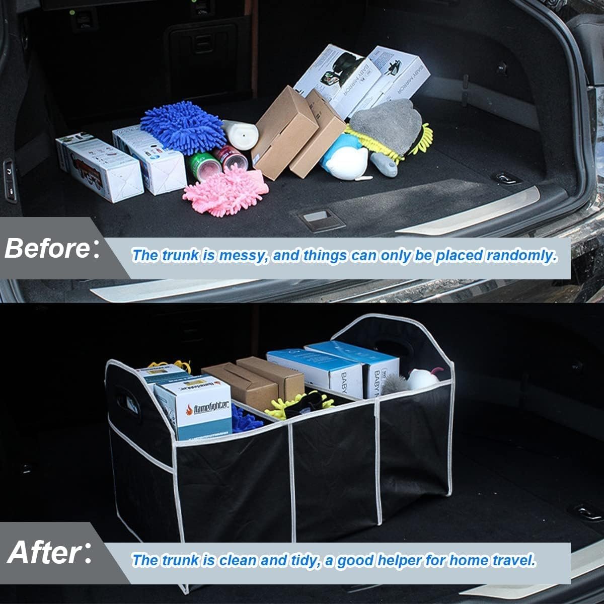 Car Trunk Organizer, Portable Foldable Waterproof Auto Storage Bag with 3 Compartments, Collapsible Cargo Trunk Groceries Organizer, Car Accessories Universal for SUV, Truck, Van, Sedan (Black)