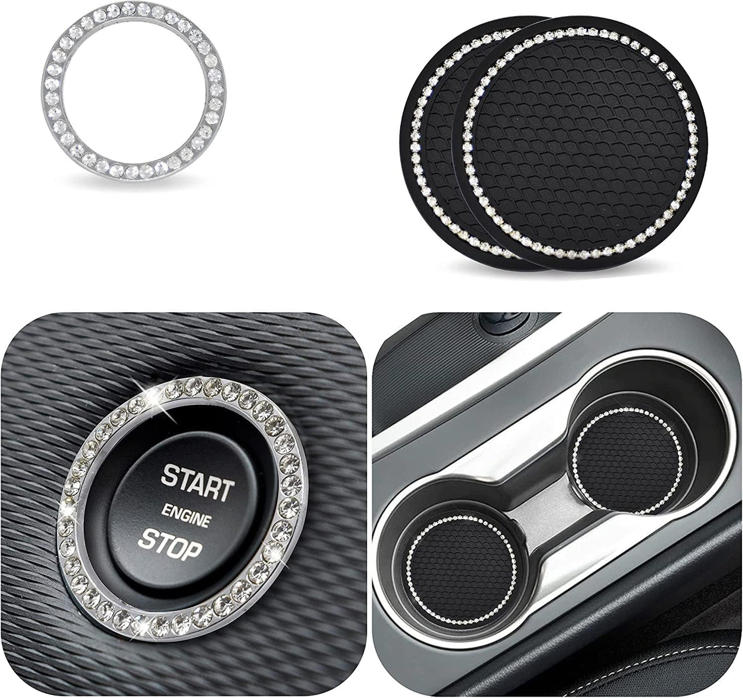 Car Cup Coaster, Push Start Button Bling, Interior Accessories 2.75 Inches Crystal Rhinestone Anti-Slip Vehicle Coaster for Cars, Trucks & RVs (Black, 2Pcs + Bling 1Pcs)