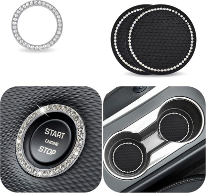 Car Cup Coaster, Push Start Button Bling, Interior Accessories 2.75 Inches Crystal Rhinestone Anti-Slip Vehicle Coaster for Cars, Trucks & RVs (Black, 2Pcs + Bling 1Pcs)