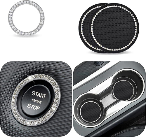 Car Cup Coaster, Push Start Button Bling, Interior Accessories 2.75 Inches Crystal Rhinestone Anti-Slip Vehicle Coaster for Cars, Trucks & RVs (Black, 2Pcs + Bling 1Pcs)