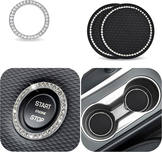 Car Cup Coaster, Push Start Button Bling, Interior Accessories 2.75 Inches Crystal Rhinestone Anti-Slip Vehicle Coaster for Cars, Trucks & RVs (Black, 2Pcs + Bling 1Pcs)