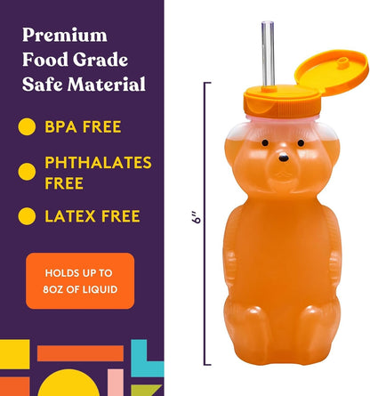 Special Supplies Honey Bear Straw Cup Long Straws, Squeezable Therapy and Special Needs Assistive Drink Container, Spill Proof and Leak Resistant Lid (Pack of 1 Bottle and 3 Straws)