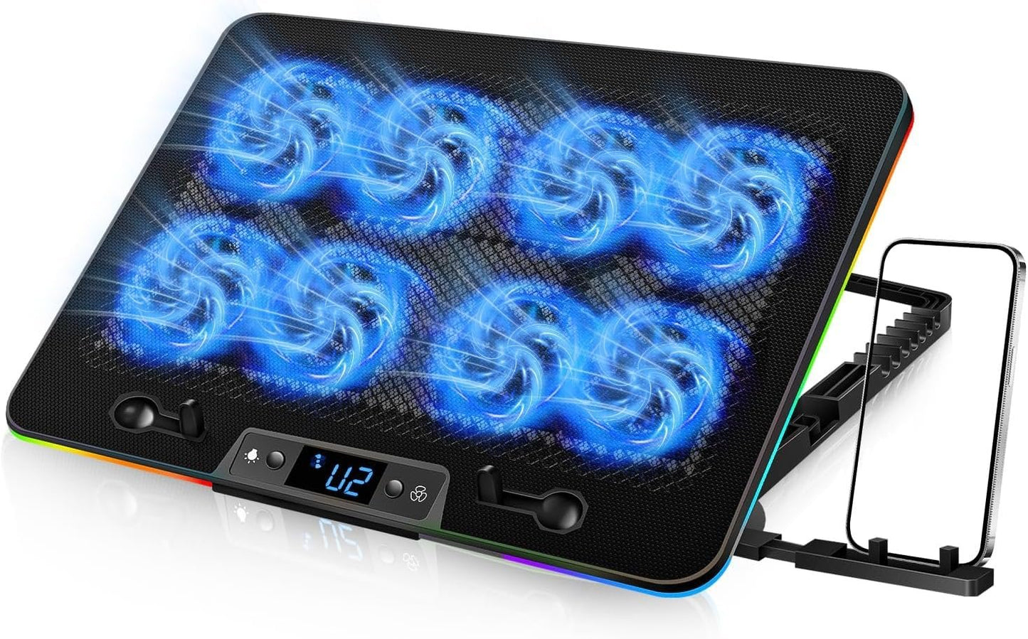Necomi Laptop Cooling Pad, Laptop Cooler with 8 Quiet Led Fans for 11-17Inch Laptops, Show Fan Speed, with 7 Height Stands Dual USB Powered Gaming Laptop Cooling Pad