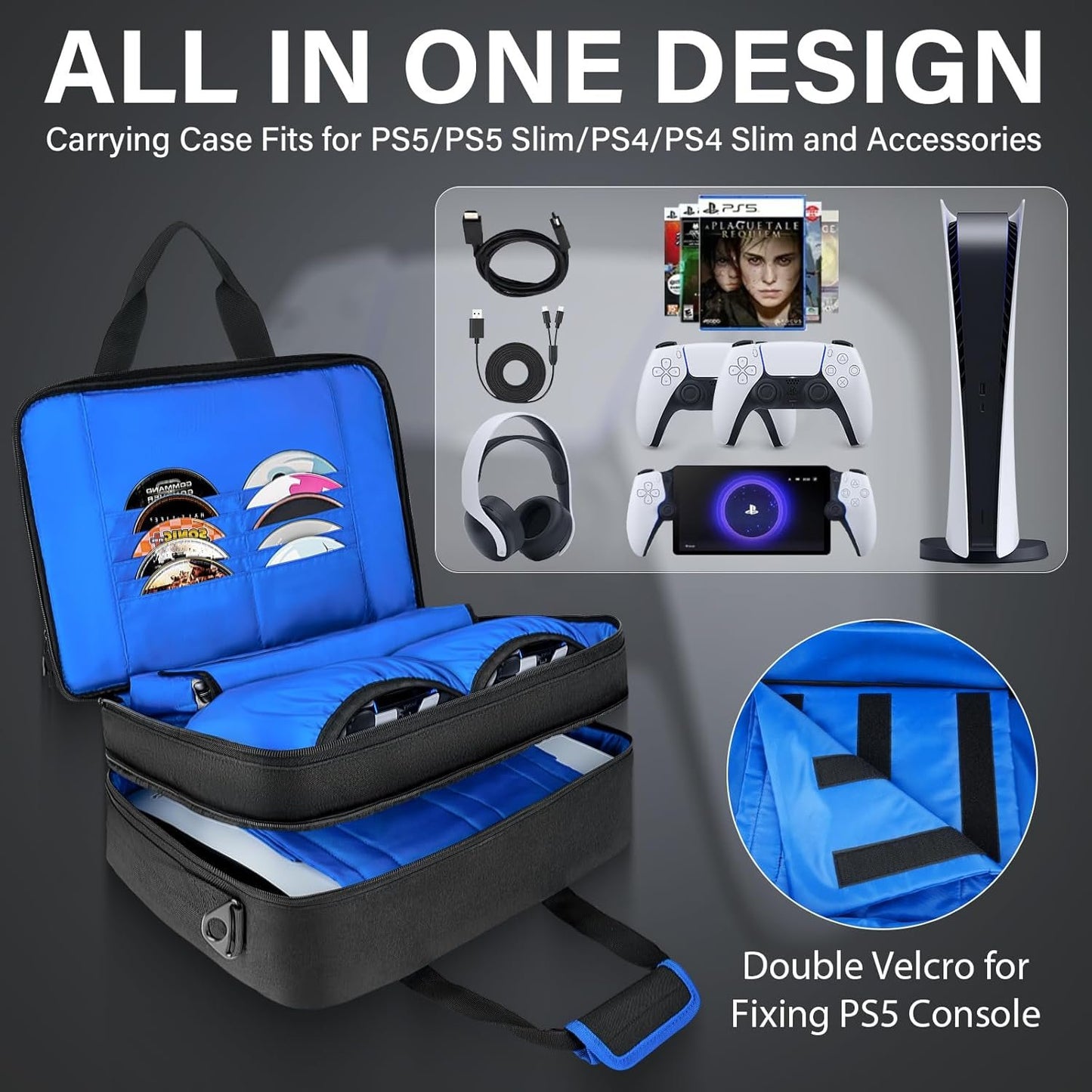 Carrying Case Compatible with PS5 Pro/PS5/PS4/PS4 Slim, Travel Storage Bag Fits for PlayStation 5/Digital Edition Console/PSP Handheld, Controllers, Game Discs & Accessories
