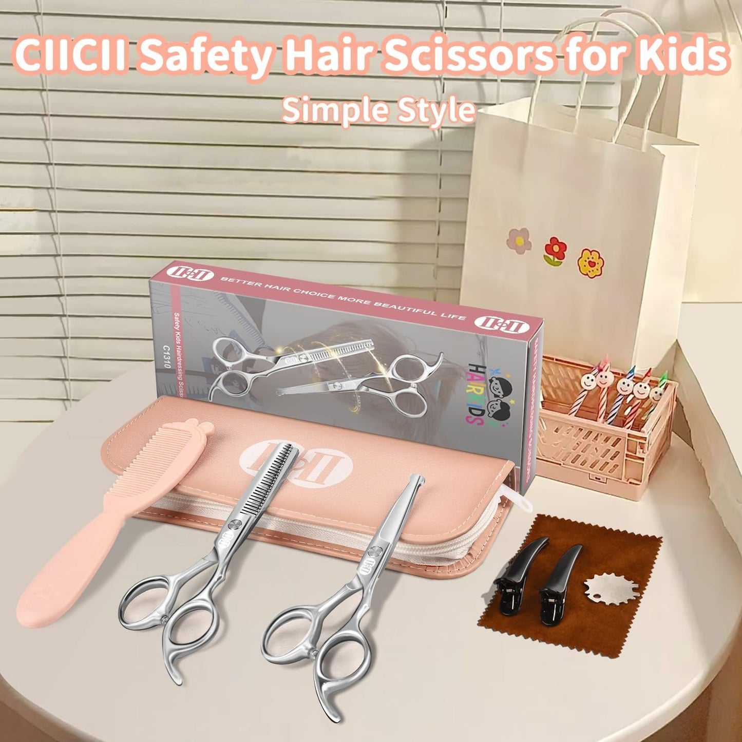 CIICII Kids Hair Cutting Scissors Shears Kit, Safety Round Tip Hairdressing Scissors Set (Hair Trimming Grooming Thinning Shears) for Baby Toddler Children, Hairdresser Home Salon Barber Haircut Kit