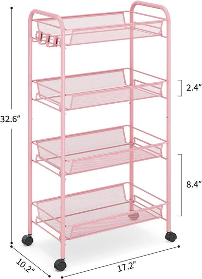 TOOLF 4-Tier Rolling Cart, Metal Utility Cart with 3 Hooks, Easy Assemble Mobile Storage Trolley On Wheels, Metal Shelving Units Kitchen Bathroom Laundry Room