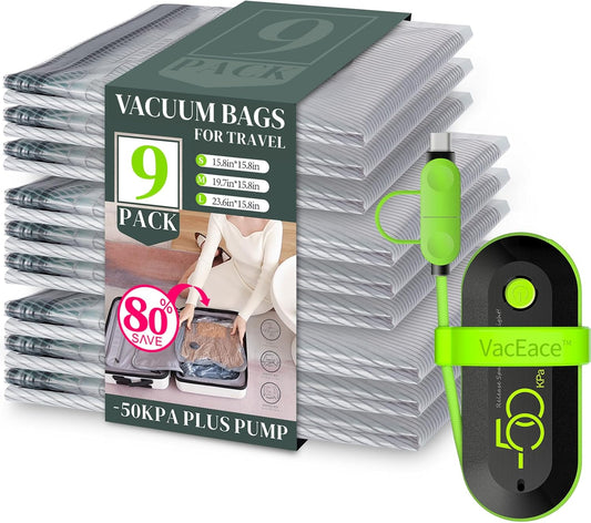 Vacbird 9 Pack Travel Vacuum Storage Bags with USB Electric Pump, Carry-on Size Space Saver Bags for Clothes and Clothing Travel，Compression Packing for Luggage and Suitcase