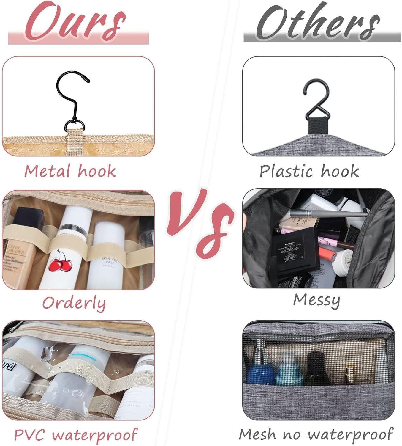 Hanging Toiletry Bag, Travel Makeup Bag, 4 Compartments Large Wash Bag, Portable Waterproof Cosmetic Toiletries Storage for Women (Pink)