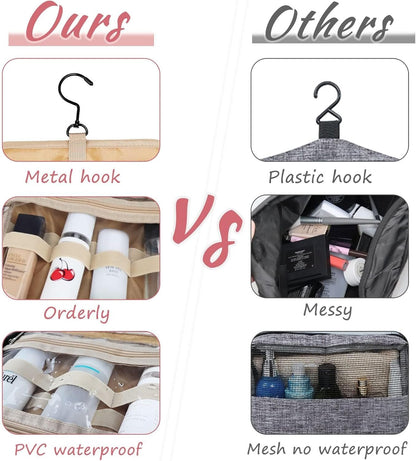 Hanging Toiletry Bag, Travel Makeup Bag, 4 Compartments Large Wash Bag, Portable Waterproof Cosmetic Toiletries Storage for Women (Pink)
