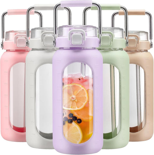 BLUEGO 64oz Purple Glass Water Bottle with Stainless Steel Handle, Time Markers, Silicone Sleeve - BPA Free for Gym, Daily Use, Workout, Travel, Camping, Sports