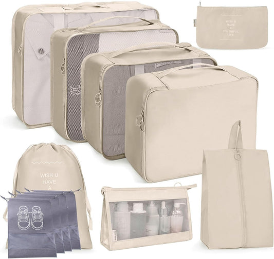 12 Set Packing Cubes: Complete Travel Storage System | Lightweight Luggage Organizers with Shoe, Toiletry & Laundry Bags for Effortless Travel (Beige2)