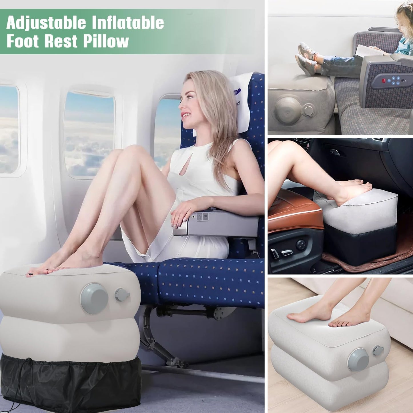 KINGTLE Inflatable Travel Foot Rest, Adjustable Height Leg Rest Pillow for Airplane, Train, Cars, Home, Office