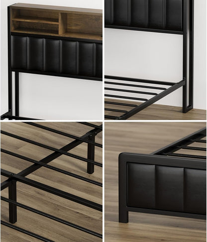 Oikiture Queen Size Bed Frame with 5 LED Open Display Shelves and 4 Drawers Metal Queen Bed with Bed Head Black