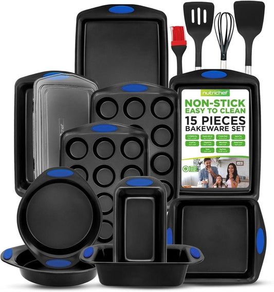 NutriChef Bakeware Set 15-Piece - Nonstick Carbon Steel W/Blue Silicone Handles, Includes 2 Round Pans, 2 Cookie Sheets, 2 Muffin Pans, 2 Loaf Pans, Square Pan, Roaster Pan w/Lid, Nylon Utensils, Gray