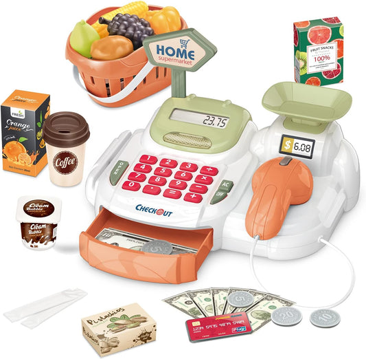 PanKome Pretend Play Calculator Cash Register Toy, 36 PCS Supermarket Shop Toys with Scanner, Play Food, Play Money for Kids, Grocery Store for Boys & Girls，Gifts for Ages 3 4 5 6 (Green