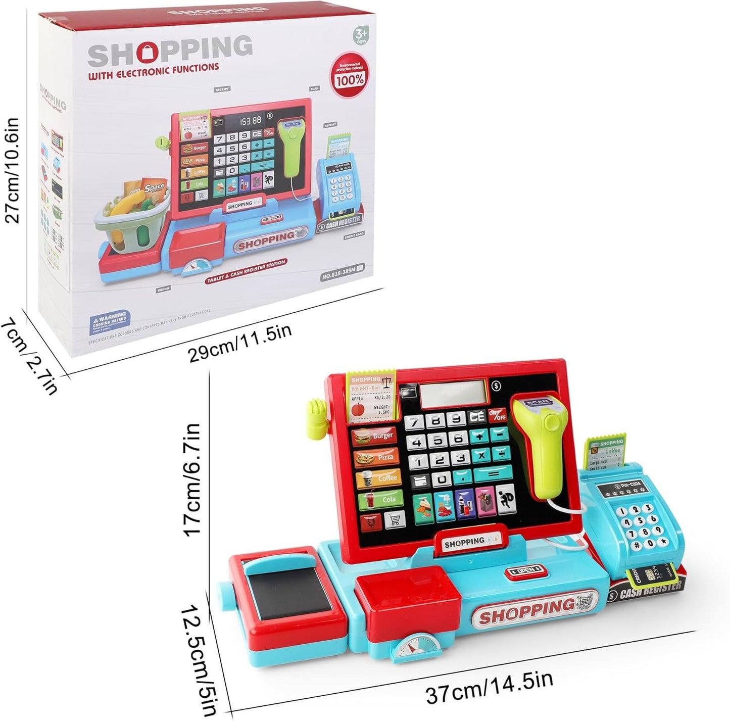 PanKome Cash Register Toys for Kids - Interactive Pretend Play Grocery Store Set with Calculator, Scanner, Food, Microphone, Educational Learning Toy for Toddler Boys and Girls 3 4 5 6 7 8 Year Old