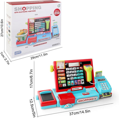 PanKome Cash Register Toys for Kids - Interactive Pretend Play Grocery Store Set with Calculator, Scanner, Food, Microphone, Educational Learning Toy for Toddler Boys and Girls 3 4 5 6 7 8 Year Old