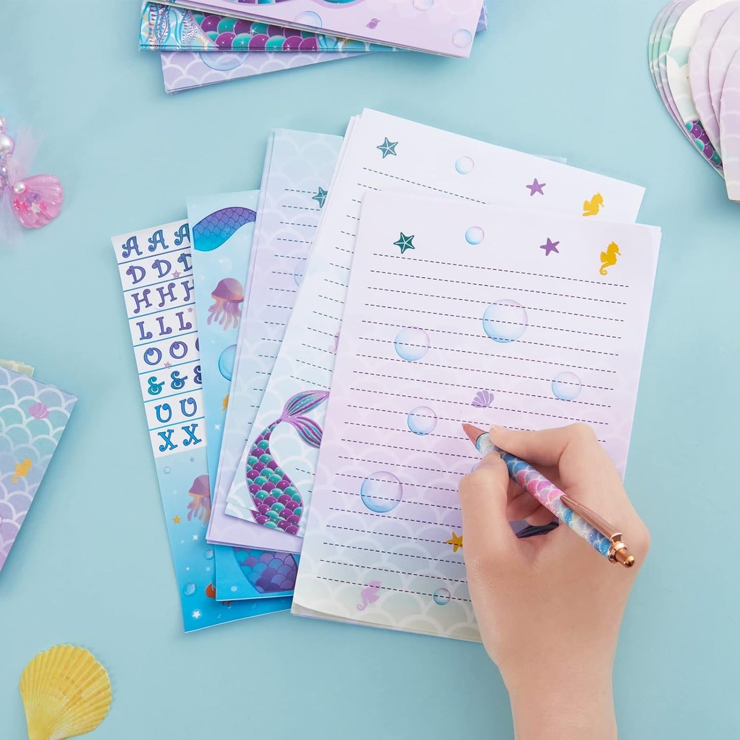 Mermaid Paper and Envelopes Set - 69PCS Magical Mermaid Stationery Paper for Kids Girls Christmas Birthday Gifts Stationery Letter Writing Set Envelopes Greeting Cards Stickers Ballpoint Pen Gift Box