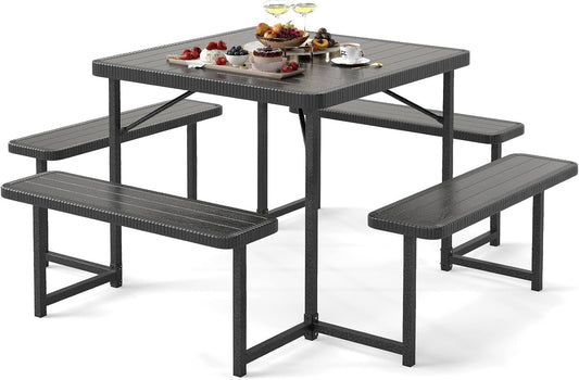 Giantex Picnic Table Bench Set for 4-8 People, 34" Outdoor Square Dining Table & 2 Benches w/Umbrella Hole, HDPE Tabletop, Metal Frame, Patio Camping Furniture for Backyard Porch Lawn (Black,Square)