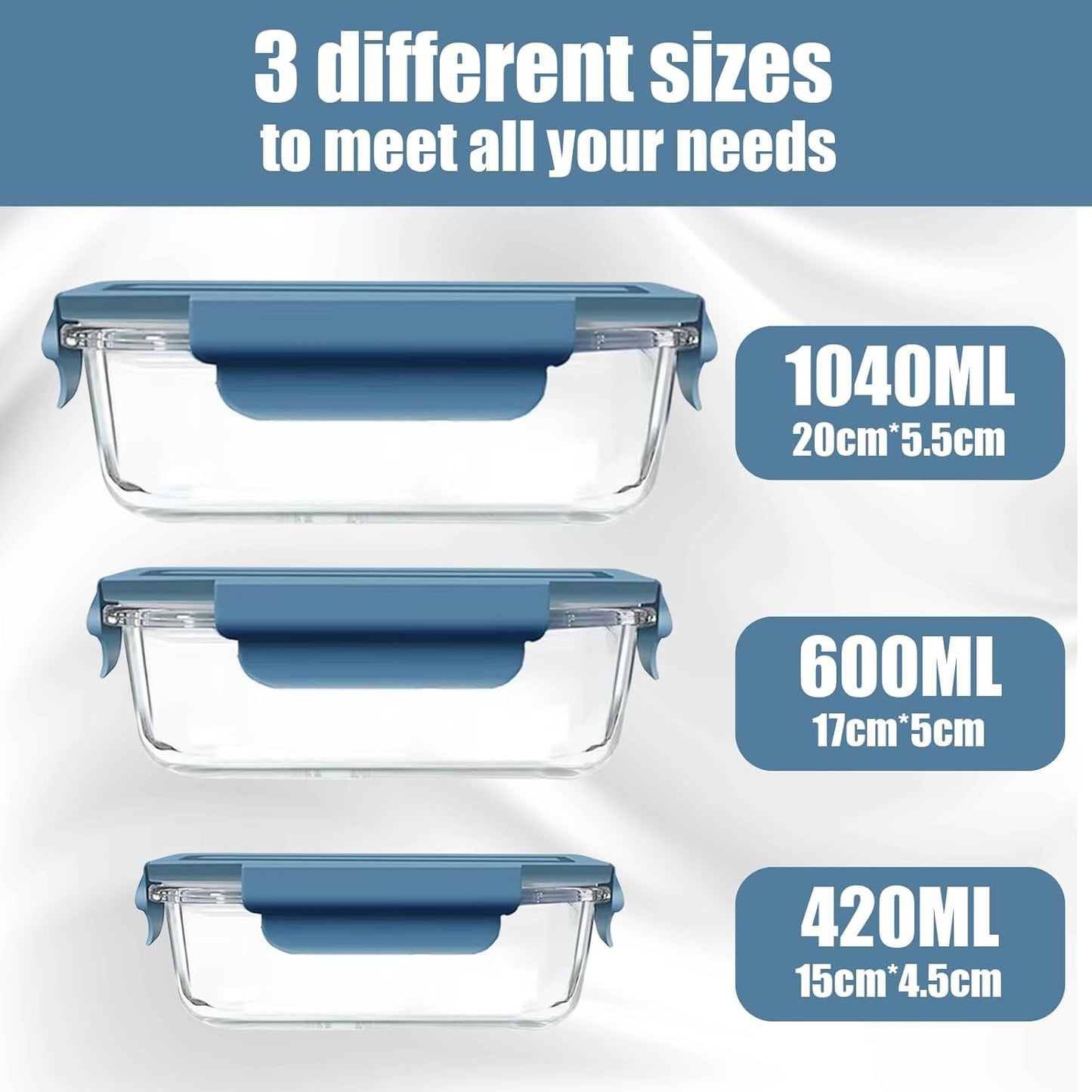 Glass Food Storage Containers 5 Pack,Three Sizes Glass Meal Prep Containers with Snap Lock Leakproof Lids,Lunch Box for Microwave,Freezer,Oven and Dishwasher (Sea blue)