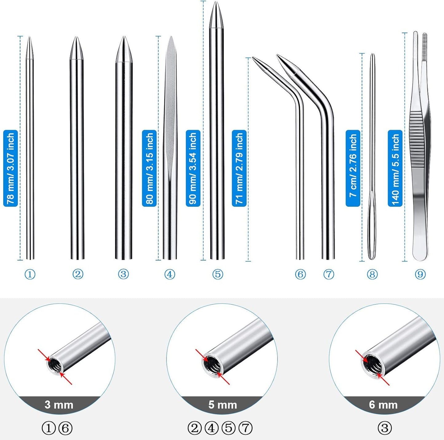 Stainless Steel FID Set Paracord FID Marlinspike Set Paracord Stitching Lacing Stitching Needles and Smoothing Tool Knotter Tools for Leather or Paracord Work (Silver)