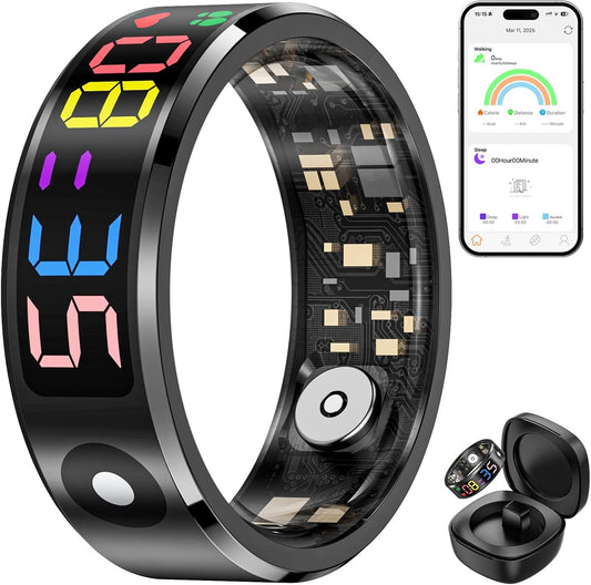 Smart Ring Fitness Tracker with Color Display Screen, IP68 Waterproof Fitness Ring, Smart Rings for Men Women with Charging Case, Activity Tracker Ring for Android iOS
