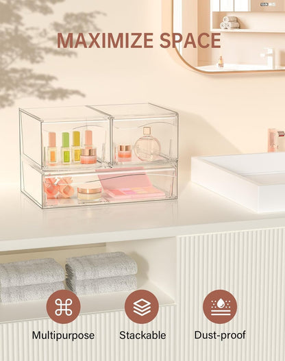 YIEZI 3 Pack Stackable Clear Drawer Organizer Bins Bathroom Organizers, Clear Plastic Storage Bins, Home Storage Organizer to Cosmetics, Makeup, Nail Art, Kitchen Under Sink Organization - Detachable