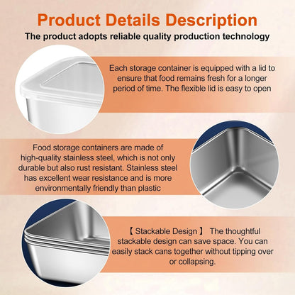 PRITOK Food Storage Container, Stainless Steel Food Storage Containers with Lid, Pack of 5, 1100 ml, Meal Prep Boxes, Reusable Freezer Containers, Food Storage Box for Food, Microwave