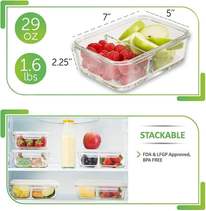 [5-Pack] Airtight Glass Containers Food Storage - Leakproof Glass Meal Prep Containers with Lids - Glass Lunch Containers Set (27 Ounce 2 Compartment)