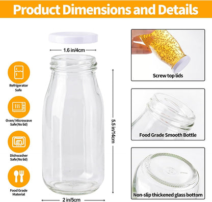 6Pcs 250ml Glass Milk Bottles with Lids, Small Glass Juice Bottles Reusable Glass Milk Jars Mini Milk Bottles with Lids，Glass Straws，Labels and Whiteboard Pen for Beverages, Weddings Decoration