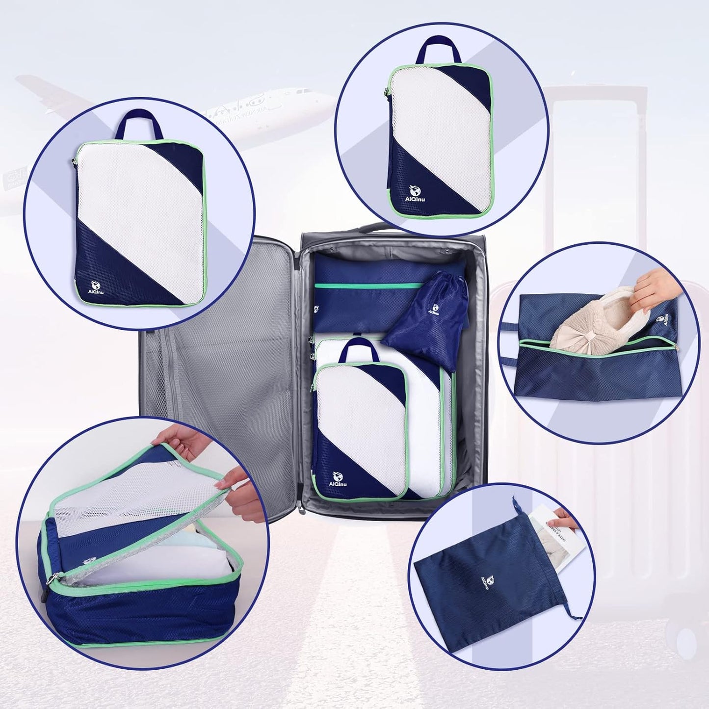 AiQInu 5-Piece Suitcase Organizer, Compression Packing Cube Space-Saving Expandable Ultralight Travel, for Clothes, Shoes, Underwear Travel Set for Backpacks or Hand Luggage (Dark Blue)