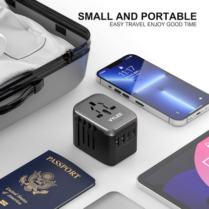 VYLEE Universal International Power Travel Plug Adapter, 5 in 1 European Travel Plug Adapter W/ 3.5A 2xUSB-A and 2xUSB C Wall Charger and Worldwide AC Outlet for Europe USA UK AUS Asia (Black Grey)