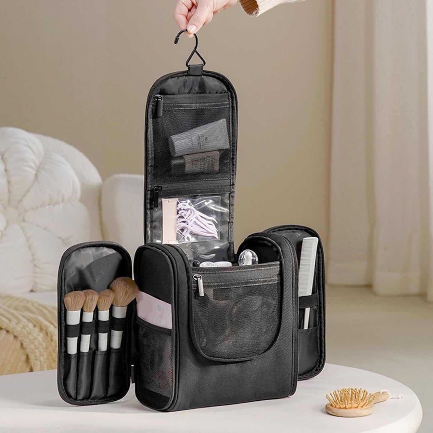 Toiletry Travel Bag, Waterproof Makeup Organizer, Spacious Cosmetic Case, Unisex Travel Pouch, Multi Compartment Storage, Portable Hygiene Kit, Sturdy Polyester Design, 9.45 Inches