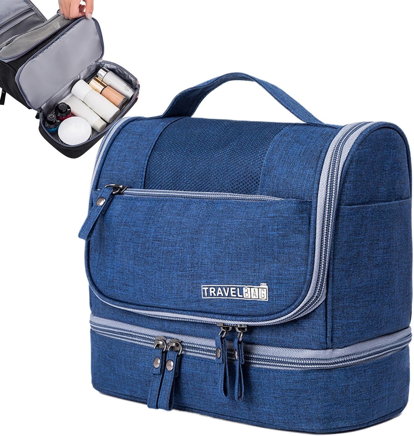 Travel Storage Bag, Compact Travel Organizer, Home Travel Organizer, Toiletry Storage Bag, Travel Hygiene Kit, Wet Dry Organizer, Travel Bag Storage with Hook for Home Travel, Navy Blue, Se rÃ©fÃ©rer au