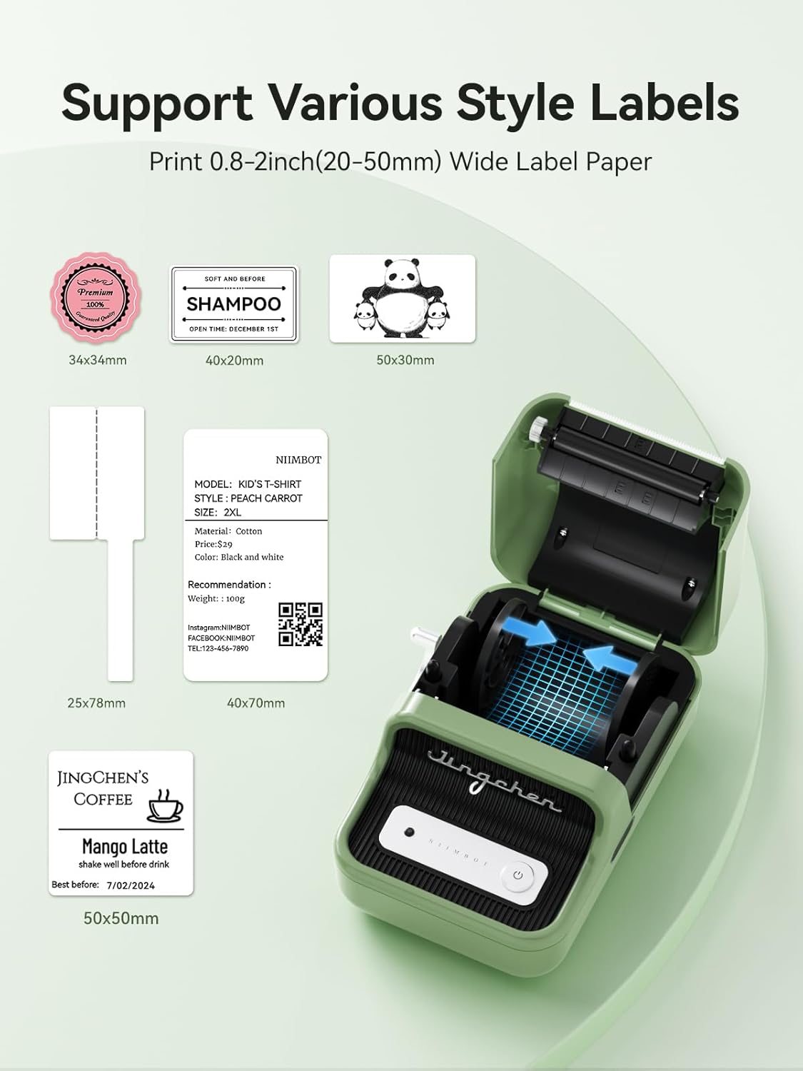NIIMBOT B21 Inkless Label Maker, Mini Thermal Label Maker Compatible with iOS & Android, for Home Organization, Business, Barcode, QR Code, with 1 Pack 50x30mm White Label, Green