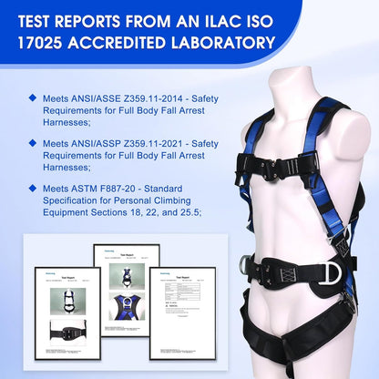 Fall Protection Premium Safety Harness with Shock Absorbing Lanyard, Roofing Constructio Harness, Vented & Padded Shoulder, Legs & Back - Upgrade 4 Quick Buckles (Blue)