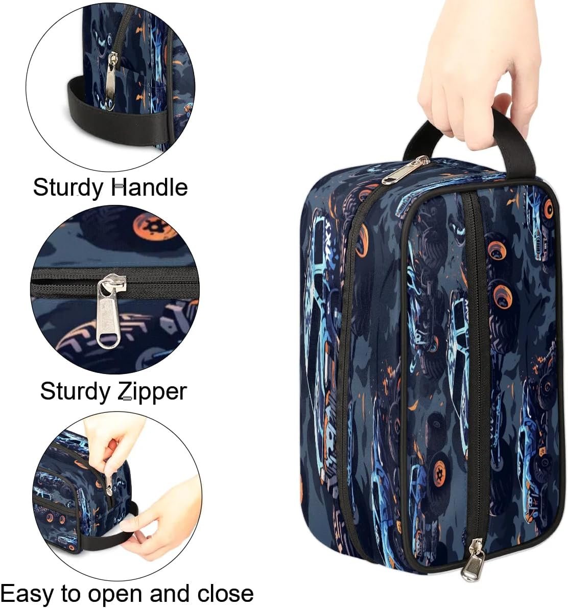 Monster Truck Car Hanging Toiletry Bag,Travel Hygiene Kits for Boys Mens,Waterproof Makeup Carry-on Bags,Cosmetic Bag,TSA Approved Shave Dopp Kit for Toiletries Shower Bathroom Accessories Gifts,
