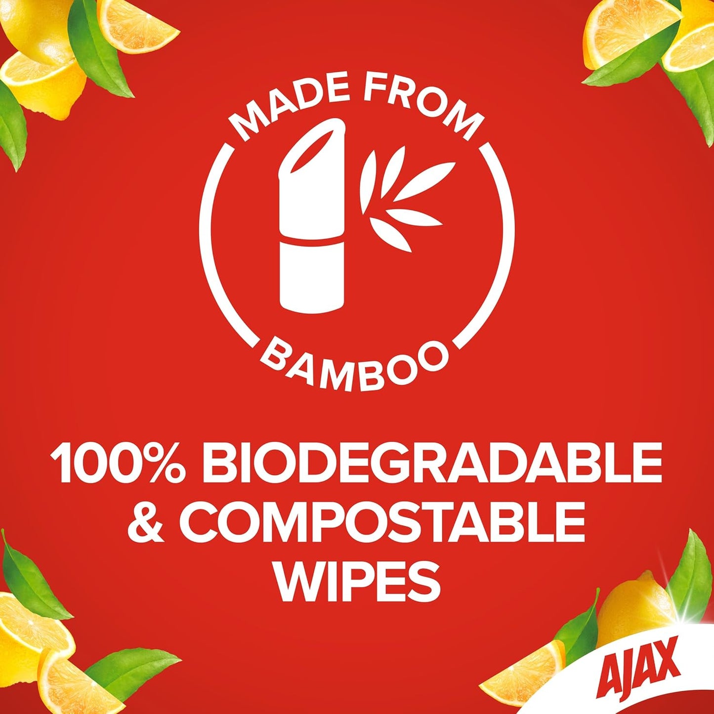 Ajax Eco Antibacterial Disinfectant Surface Cleaning Wipes, Bulk 110 Pack, Fresh Lemon, Multipurpose, Biodegradable and Compostable, Made with Bamboo Fibres