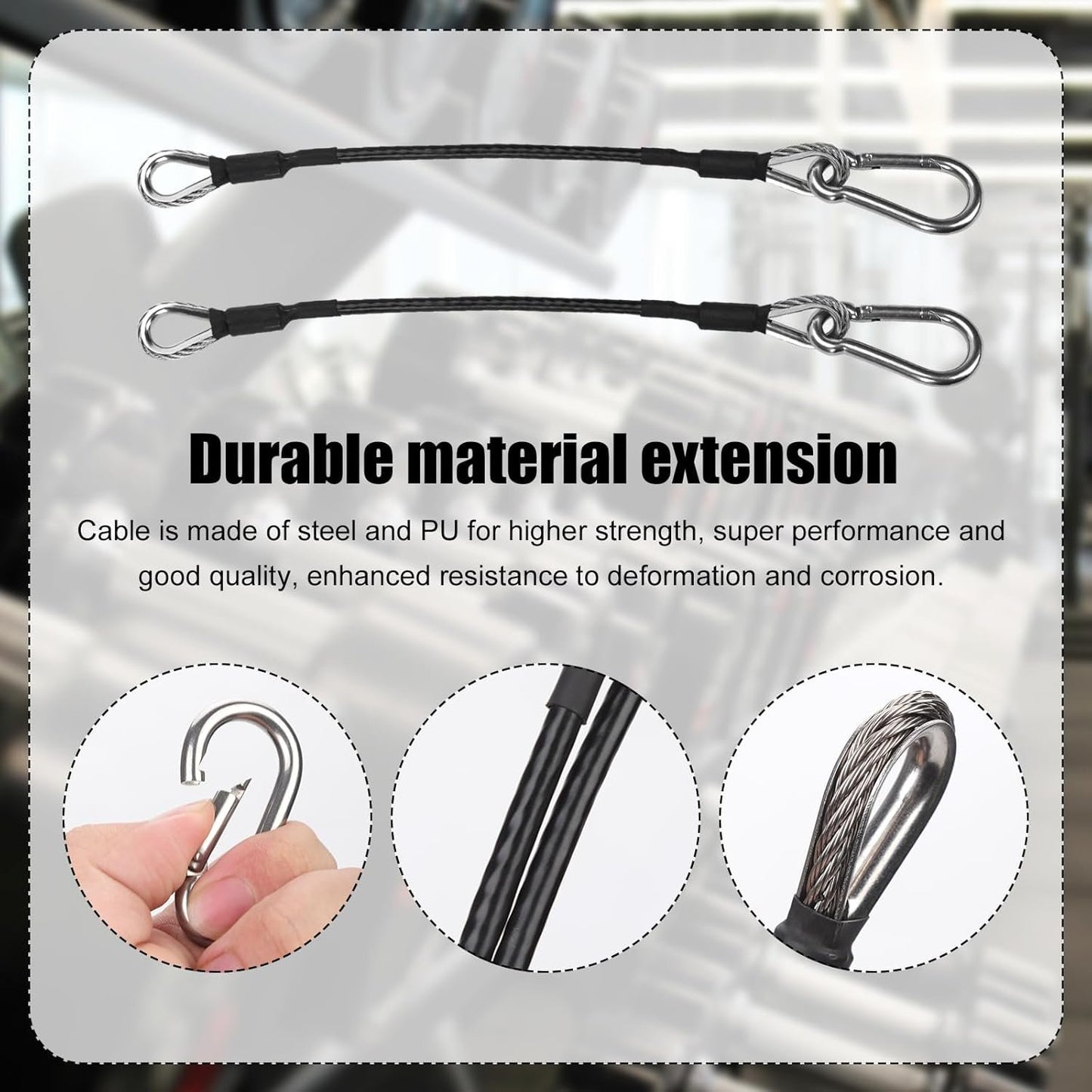 2pcs 10" Gym Extension Cable, Fitness Extension Rope Compatible with Bowflex, Home Gym Machine Accessories Replacement with Carabiner, for Leg Extension, LAT/Tricep Pull Down (1 Pair)