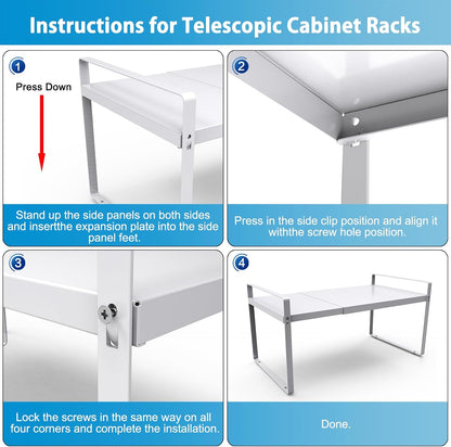 Adjustable Kitchen Shelf Organizer 11" Wide (2 Pack) Heavy-Duty Cabinet Shelves for Countertop, Pantry & Microwave, Expandable Space-Saving Storage Rack with Non-Slip Pads, White